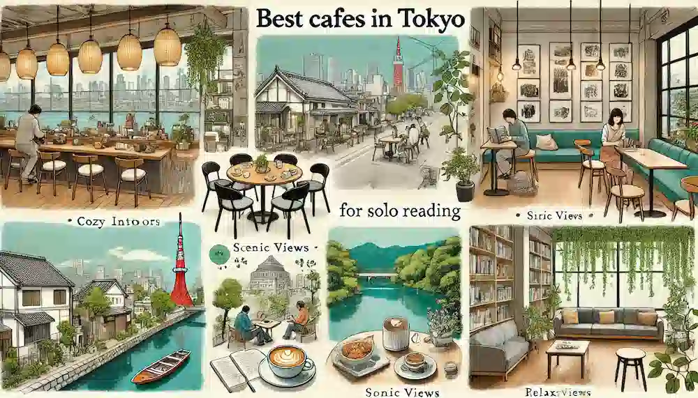 都内のひとり読書に最適なカフェのアイキャッチ画像。居心地の良いインテリアや風景の良い眺め、リラックスできる雰囲気を強調した構図。