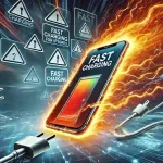 iPhoneの急速充電のデメリットを示すアイキャッチ画像。過熱するiPhone、充電器、警告サインなどが含まれ、注意と緊急性を強調するシーン。