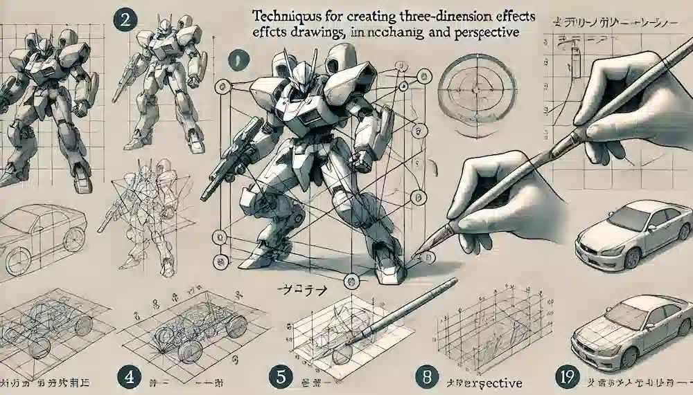 立体感を出す方法のアイキャッチ画像。シェーディングやパースペクティブなど、描画における三次元効果を作り出す技法が描かれており、指導的でダイナミックな雰囲気が表現されています。