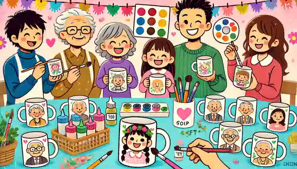 子どもが描く似顔絵のコップのアイキャッチ画像。100均のクラフト用品を使って描かれたカラフルなコップ、コップに似顔絵を描く子どもたち、そしてその個性的なコップを受け取る笑顔の祖父母が描かれた、芸術的な場面。