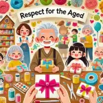 敬老の日に贈る手作りプレゼントアイデアまとめのアイキャッチ画像。100均のカラフルなクラフト用品、手作りを楽しむ子どもたち、そしてプレゼントを受け取る祖父母が描かれた、心温まる場面。