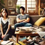 「片付けられない夫」に悩む妻が、散らかったリビングでため息をつくシーン