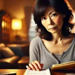 50代の日本人女性が家計簿を見つめ、悩む様子のアイキャッチ画像（16:9）