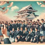日本の卒業式で学生たちが笑顔で写真を撮る様子