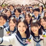 卒業式で笑顔のまま思い出を刻む日本人学生のグループ
