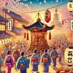 桜が舞う中、神輿や屋台で賑わう日本の春祭りの風景