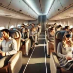 飛行機の機内でくつろぐ乗客たちのイメージ画像。