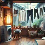 雨の日の室内で部屋干しされた洗濯物。窓には雨粒がつき、湿気の多い雰囲気。除湿機や扇風機が配置された、日本の家庭の一室。