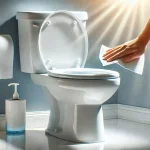清潔でモダンなトイレを除菌シートで拭いている様子。明るく清潔感のある雰囲気で、手軽な掃除の様子が伝わるイメージ