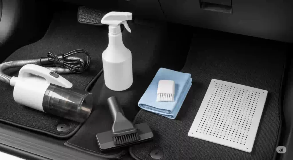 車のダニ駆除と予防に使われる道具。ハンディ掃除機、駆除スプレー、清潔な布、ダニ捕獲シートが綺麗に並べられている。