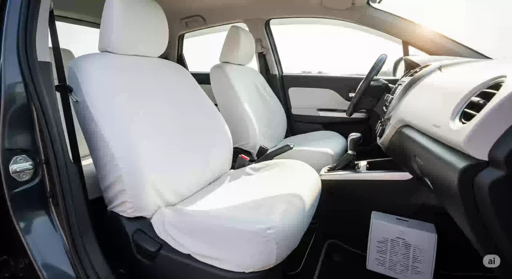 非常に清潔で快適な車内。洗濯されたシートカバーがかけられ、車用の除湿剤が置かれており、ダニを予防している様子。