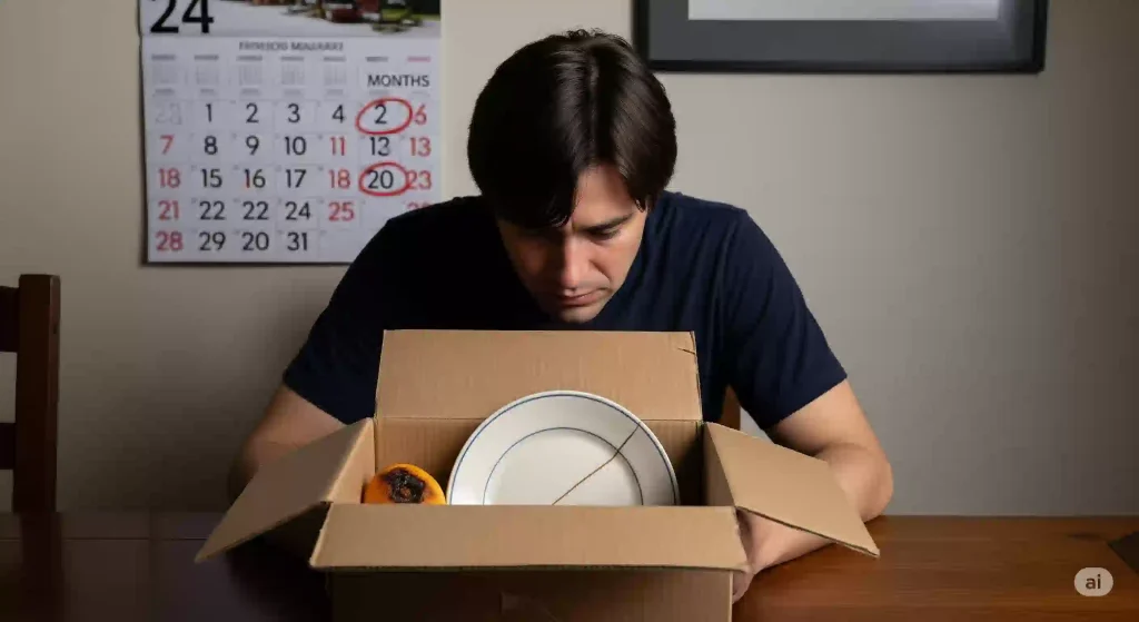 何ヶ月も前の日付が記されたカレンダーを背景に、届いた段ボール箱を開けてがっかりしている人物。中には、腐った果物と割れたお皿が入っており、返礼品が遅れたり破損していたりするトラブルを表現しています。