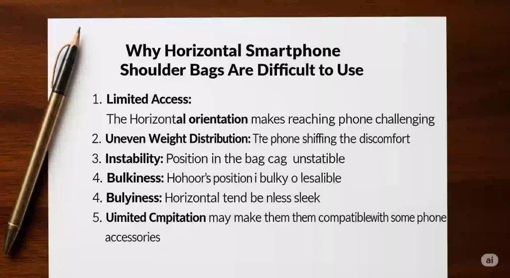 「スマホショルダー横型が使いにくいと感じる5つの理由」を表す、手書きのリストが書かれた紙の写真。