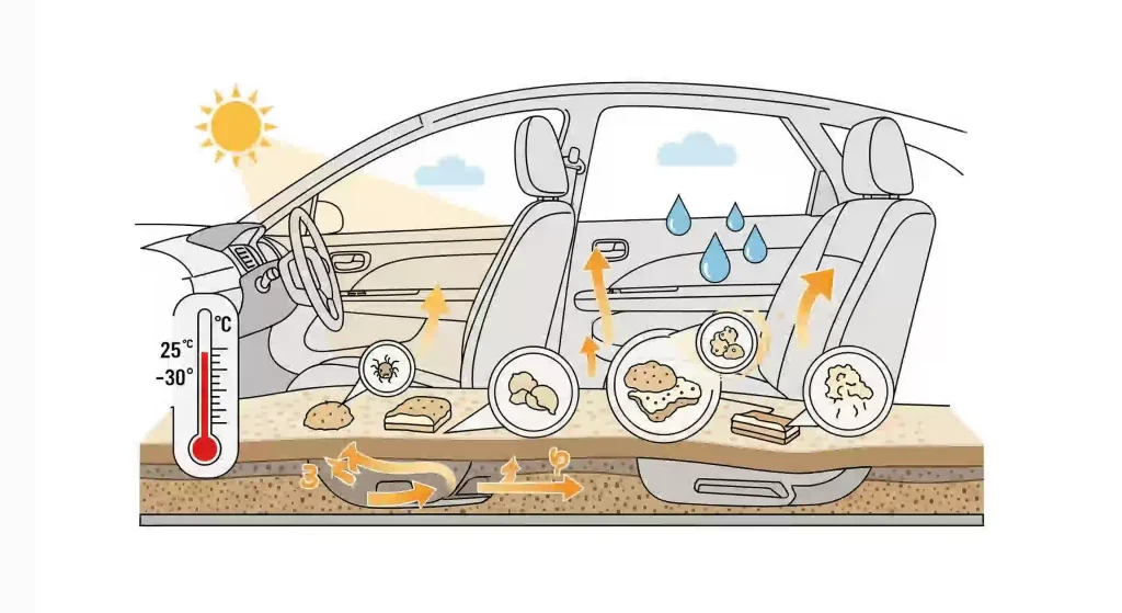 車のシートの断面図イラスト。太陽光、温度計、湿度のアイコン、食べかすなどが描かれ、ダニが繁殖する原因を分かりやすく示している。