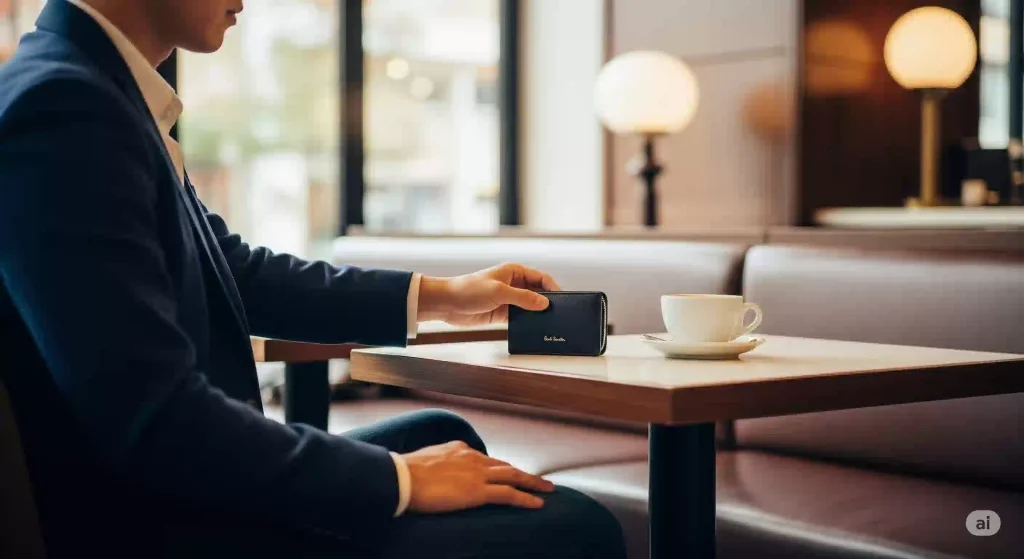カフェのテーブルに、ある男性が自信を持ってポールスミスの財布を置いているシーン。他人の評価ではなく、自分のスタイルで財布を選ぶことの素晴らしさを表現している。