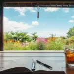 夏らしい苗字の創作アイデアをテーマにした画像。縁側に置かれたノートとペンの向こうに、青空と夏の花々が咲く庭が広がっている。