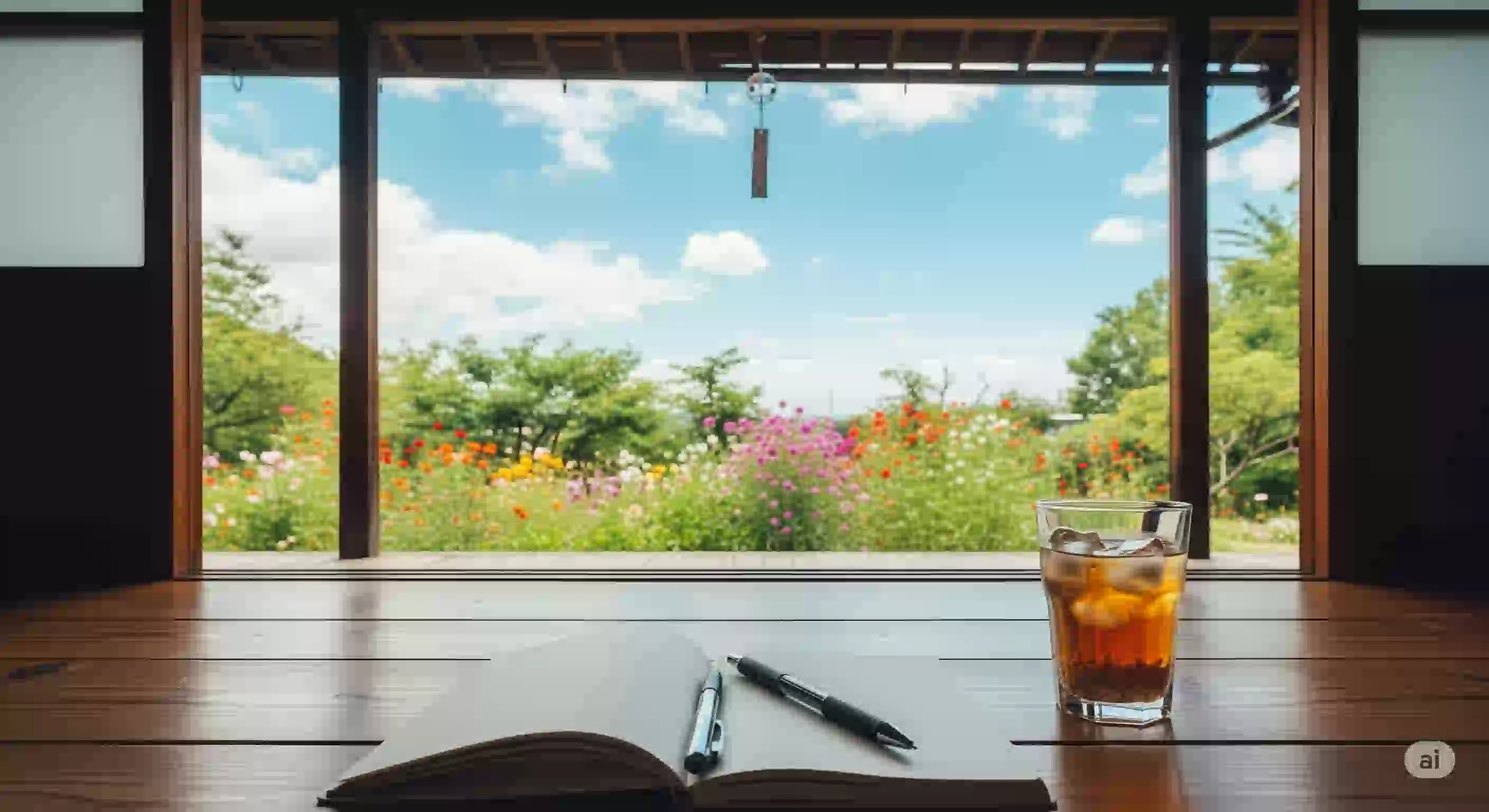 夏らしい苗字の創作アイデアをテーマにした画像。縁側に置かれたノートとペンの向こうに、青空と夏の花々が咲く庭が広がっている。