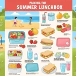夏のお弁当の持ち運び方に関する総合ガイド。公園、ビーチ、ピクニック、遊び場など、様々な夏のシーンで活躍するお弁当の準備と持ち運びのコツを示すイラスト。