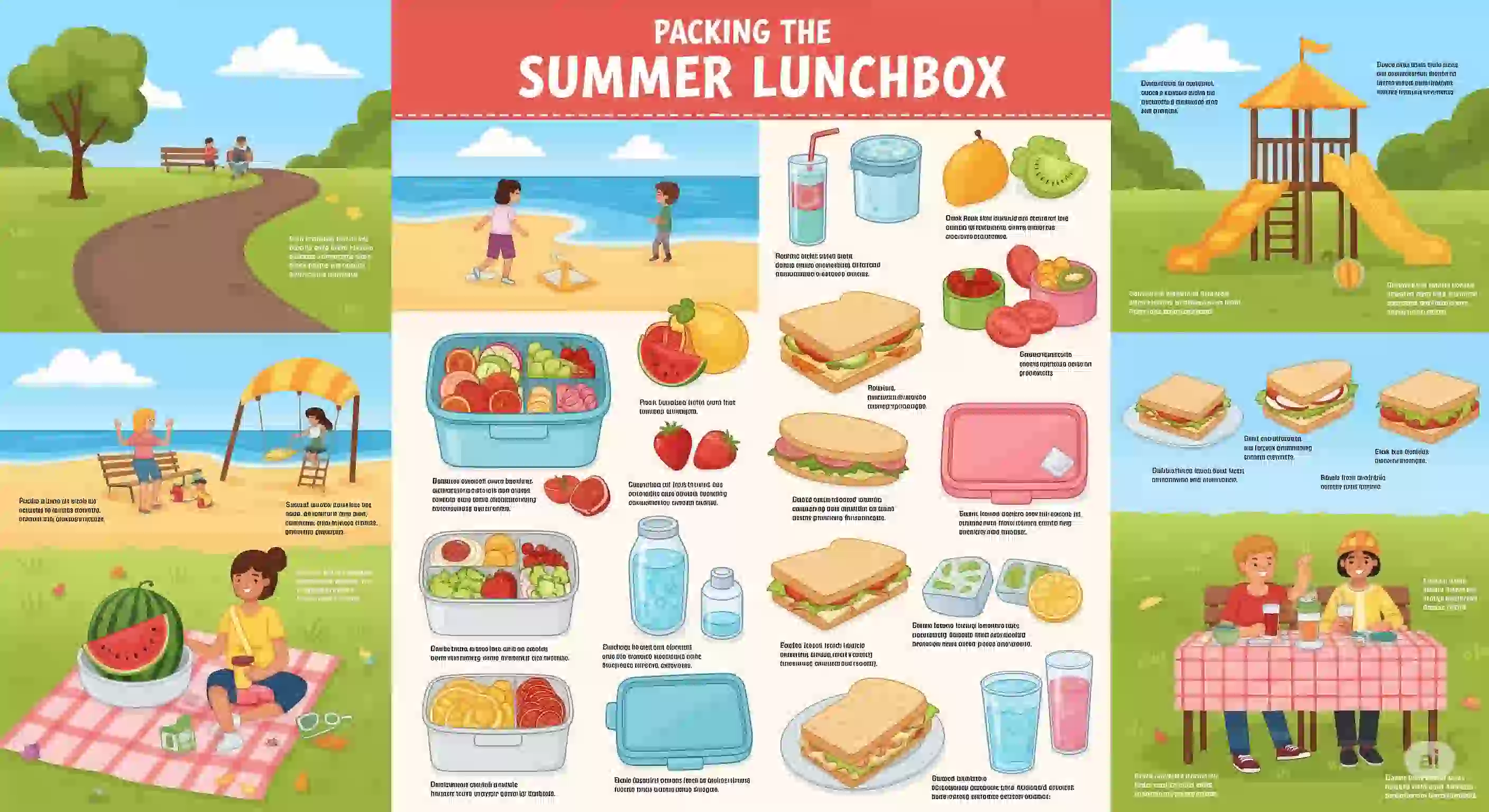 夏のお弁当の持ち運び方に関する総合ガイド。公園、ビーチ、ピクニック、遊び場など、様々な夏のシーンで活躍するお弁当の準備と持ち運びのコツを示すイラスト。