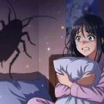 部屋の壁に映るゴキブリの大きな影に怯える、一人暮らしの女性のイラスト