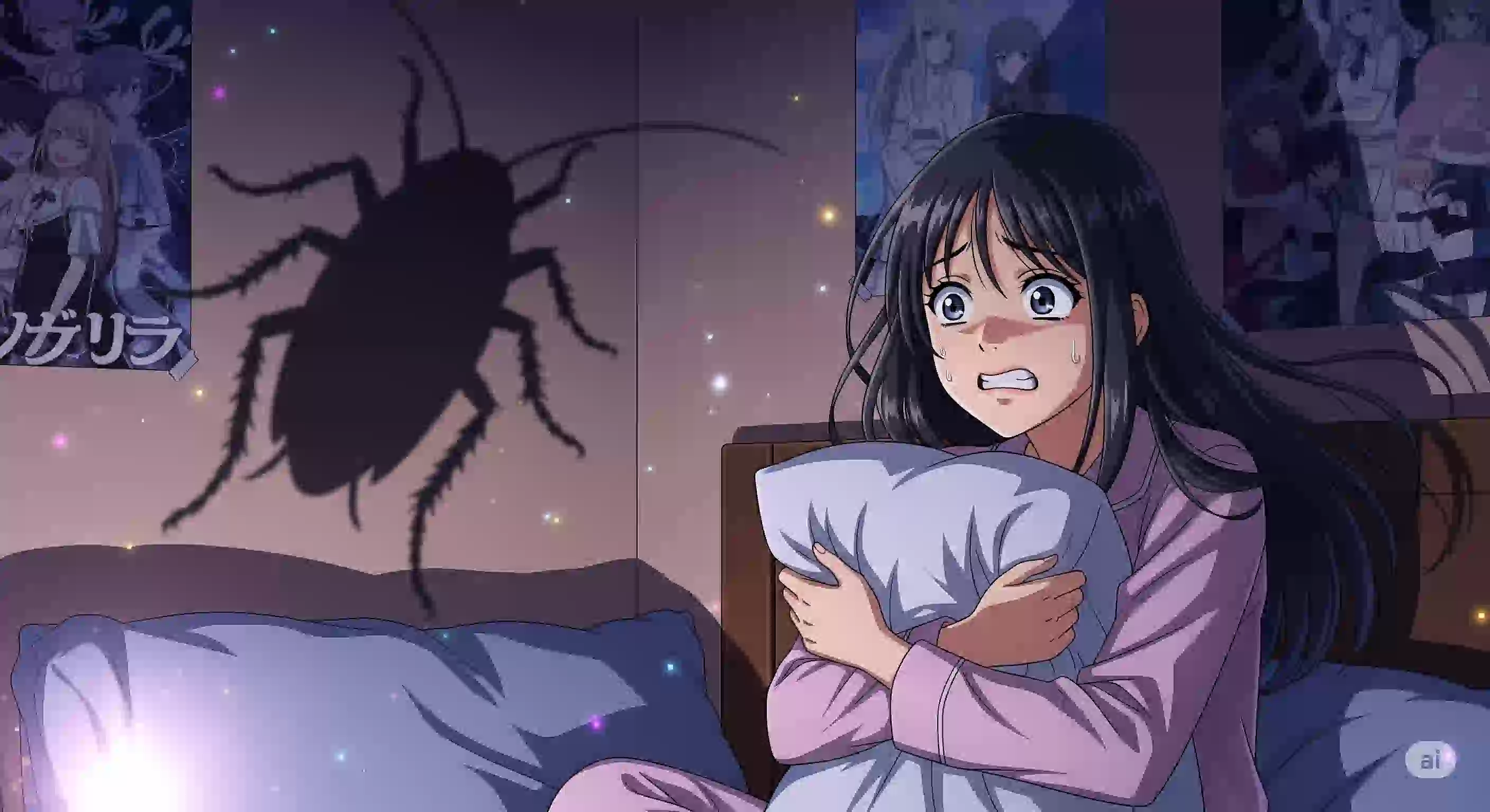 部屋の壁に映るゴキブリの大きな影に怯える、一人暮らしの女性のイラスト