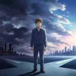 人生の岐路に立ち、暗い工場と明るい未来のどちらに進むか思い悩む男性のイラスト。