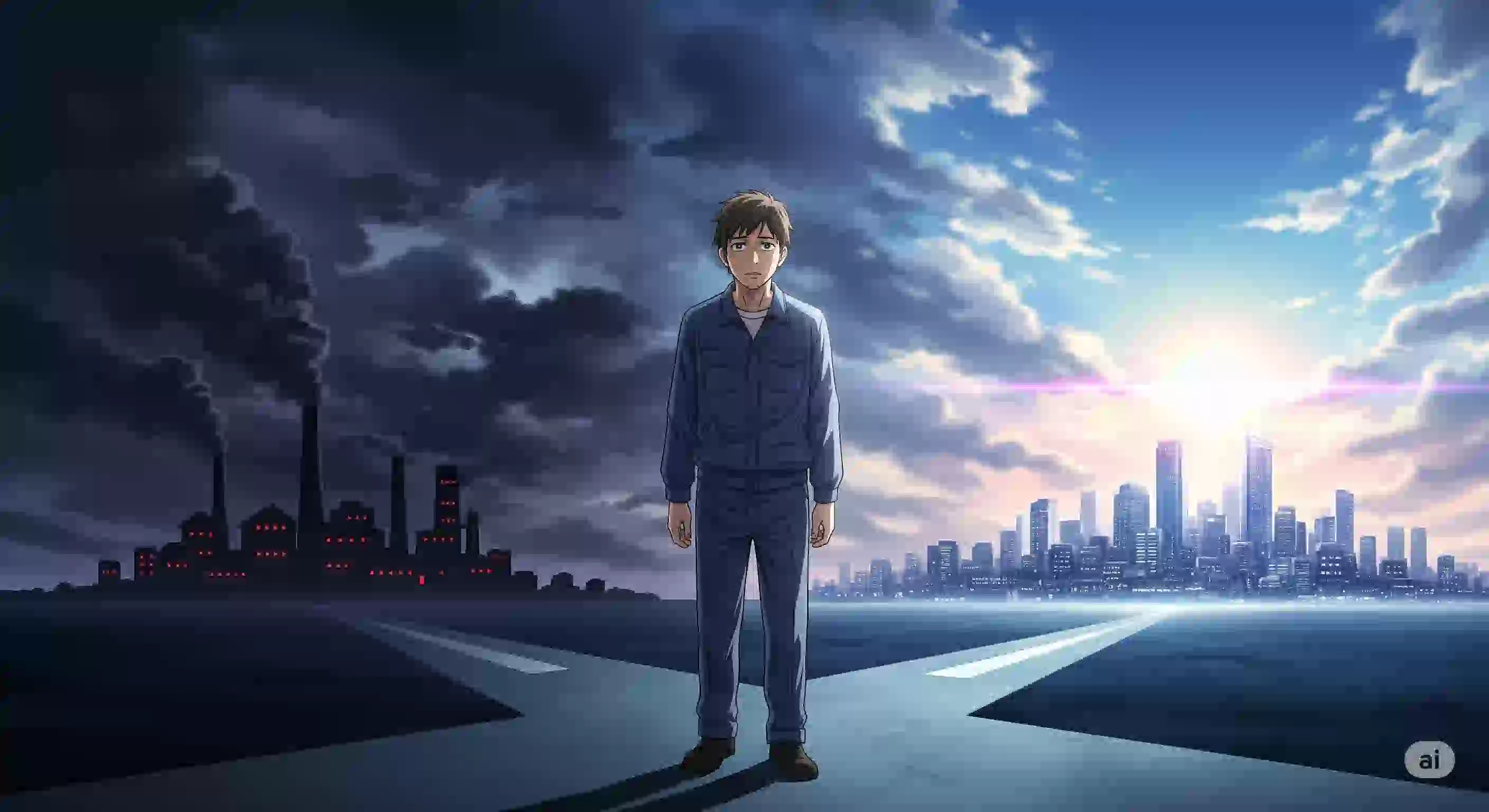 人生の岐路に立ち、暗い工場と明るい未来のどちらに進むか思い悩む男性のイラスト。