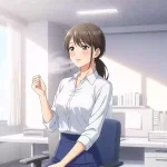 夏の湿気の中でも快適に過ごす、自信に満ちたアニメ風の日本人女性会社員