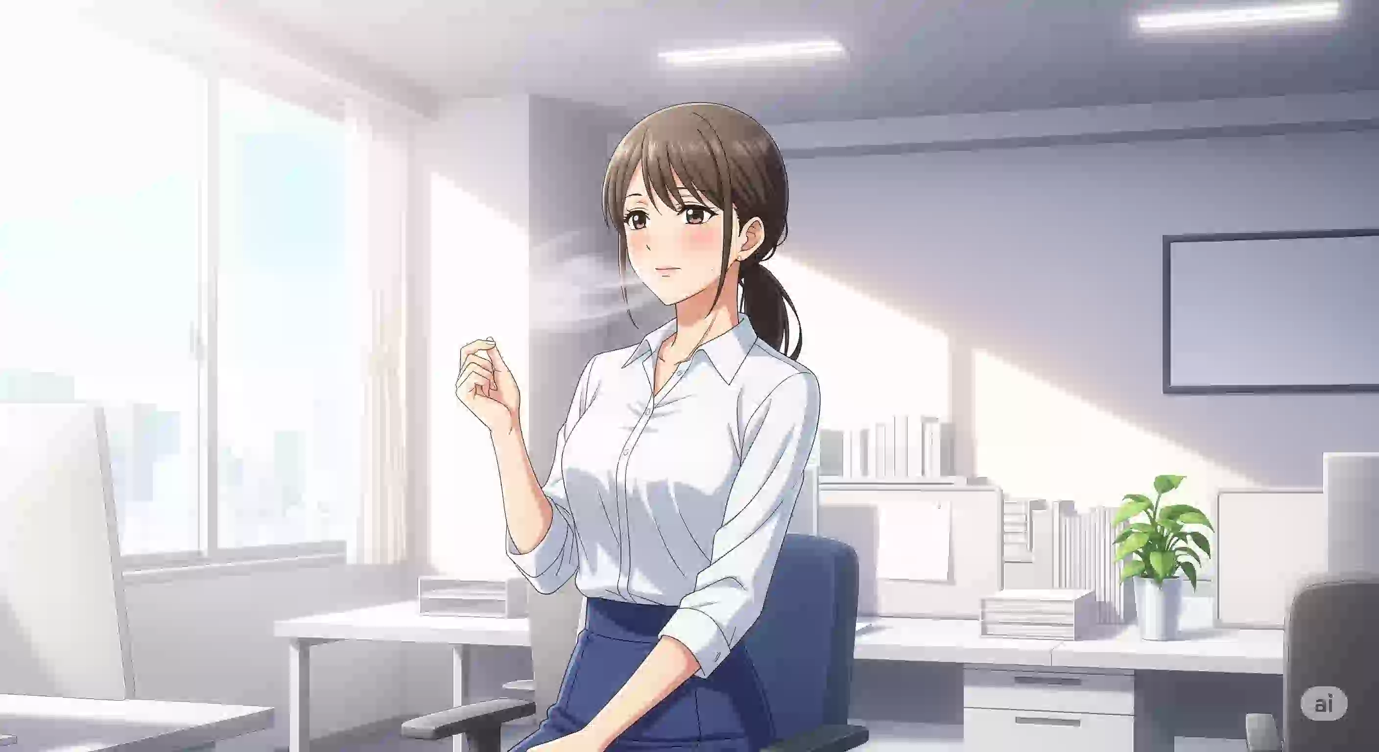 夏の湿気の中でも快適に過ごす、自信に満ちたアニメ風の日本人女性会社員