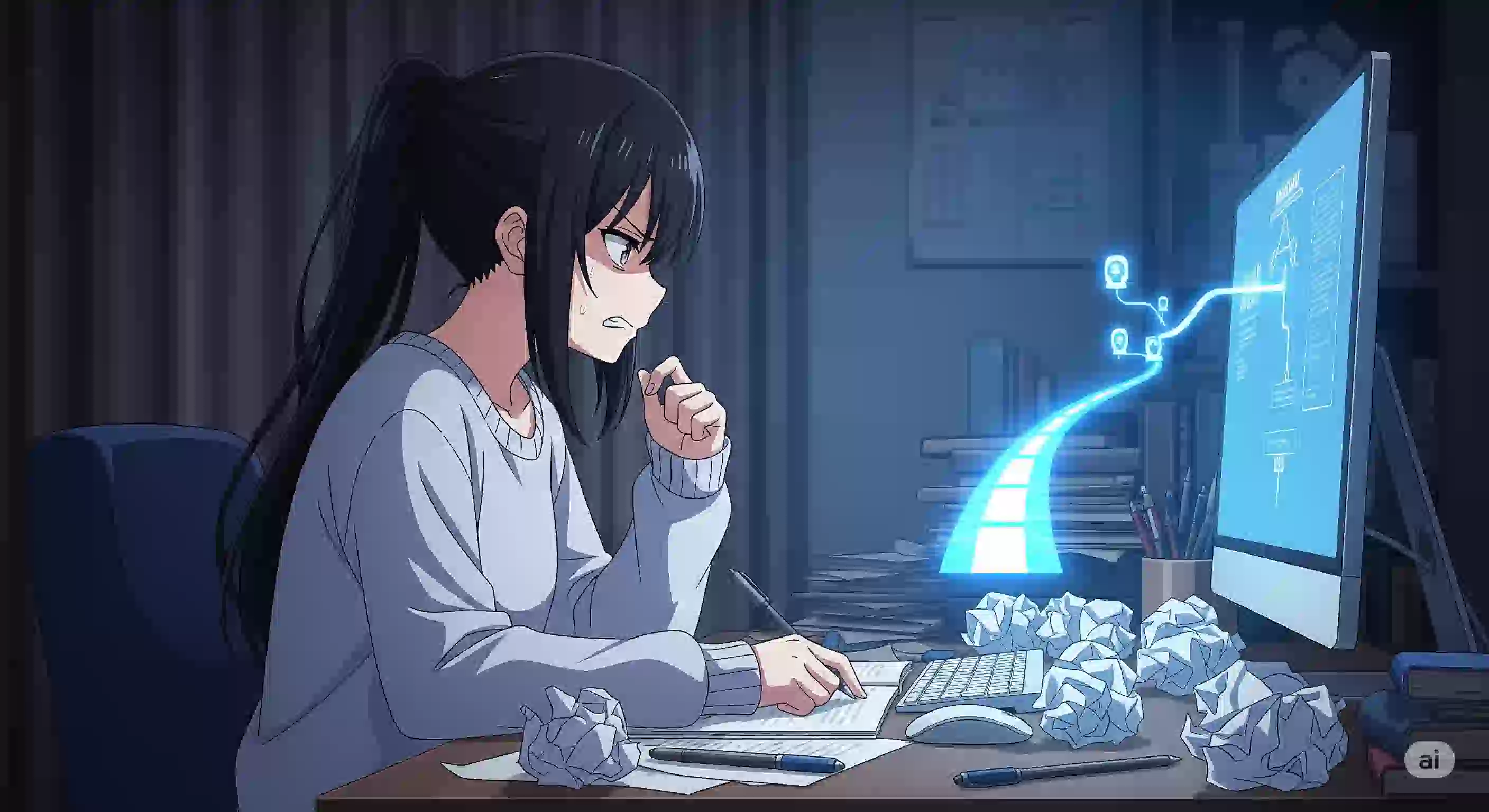 Webライターの独学に挫折し、机の前で悩む女性。しかし、PC画面には未来へ続く道が明るく映し出され、再挑戦への希望を抱いている様子。