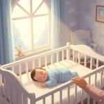 月明かりが差し込む静かな部屋のベビーベッドで、赤ちゃんが安らかに眠っている。親が優しく見守っており、記事のテーマである「睡眠と安全」を象徴しているアイキャッチ画像。