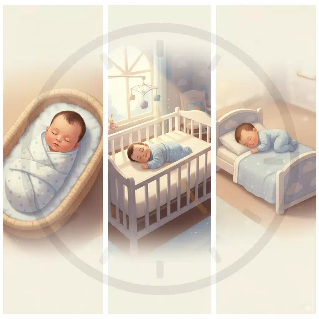 新生児、生後6ヶ月、1歳の赤ちゃんがそれぞれ眠っている様子を3分割で示した画像。赤ちゃんの月齢による睡眠リズムの変化を表している。