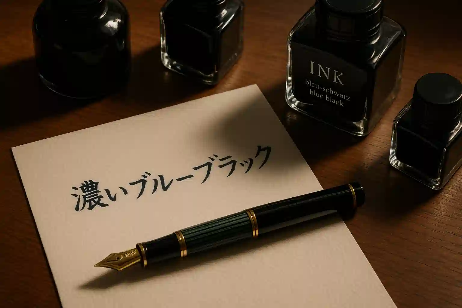 木製デスクの上に置かれたペリカンM400万年筆と、濃いブルーブラックインクで試し書きされた紙。