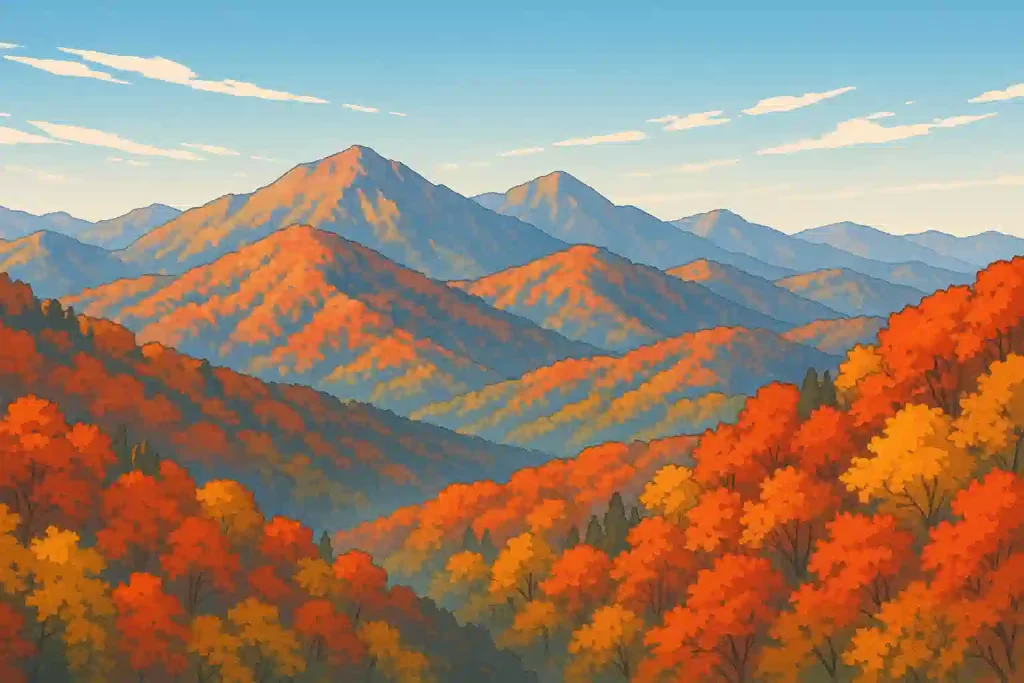 「秋山」という苗字をイメージさせる、紅葉で赤や黄色に染まった壮大な日本の山々の風景。