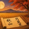紅葉、稲穂、満月など秋の風景の中に「秋山」「月見里」と書かれた巻物が置かれている、ブログのテーマを象徴する画像。