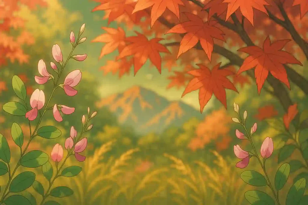秋の七草である萩の花と、鮮やかに色づいた楓の葉が描かれた、日本の秋の植物を象徴する画像。