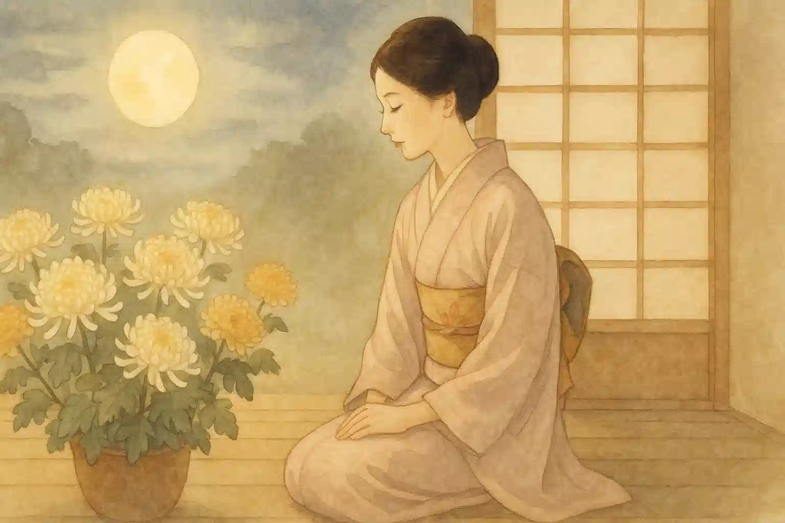 重陽の節句をテーマに、和服の女性が縁側で美しい菊の花を静かに眺めているイラスト。背景には満月が描かれている。