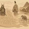 日本の苗字の歴史を象徴する画像。古い巻物から、武士や貴族、農民など様々な人々の姿が浮かび上がっている。