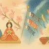 日本の五節句を象徴する、七草粥、雛人形、鯉のぼり、七夕飾り、菊が美しく描かれたイラスト。記事のアイキャッチ画像。