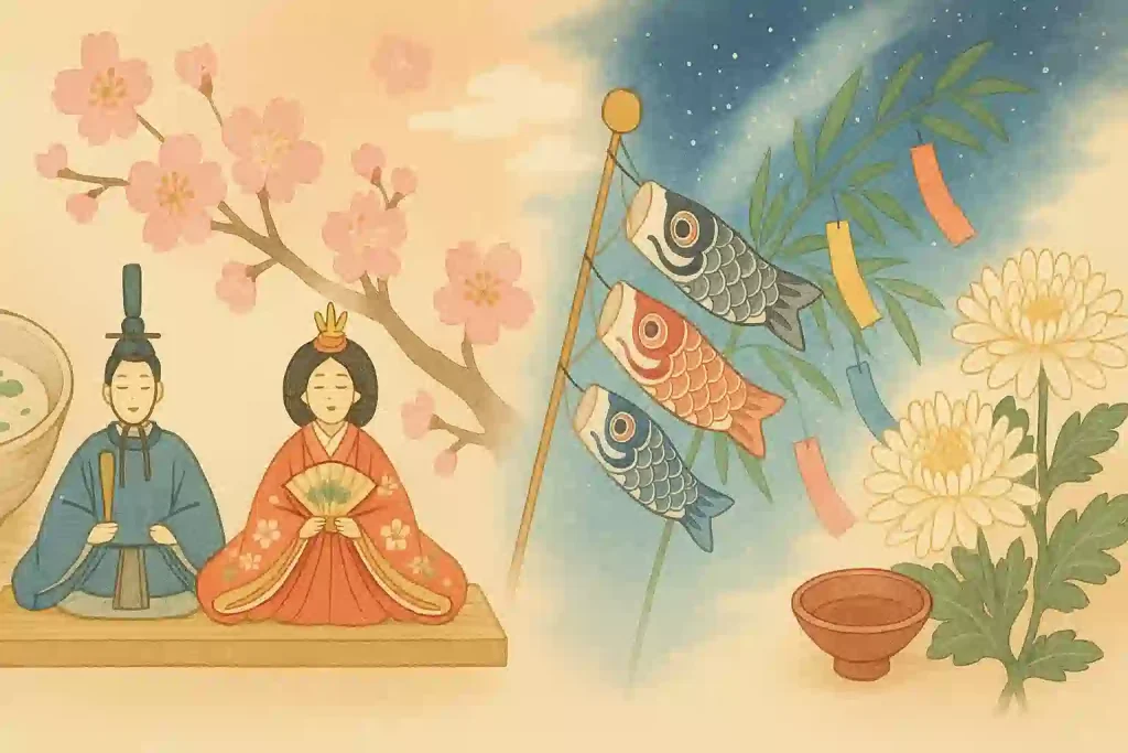 日本の五節句を象徴する、七草粥、雛人形、鯉のぼり、七夕飾り、菊が美しく描かれたイラスト。記事のアイキャッチ画像。