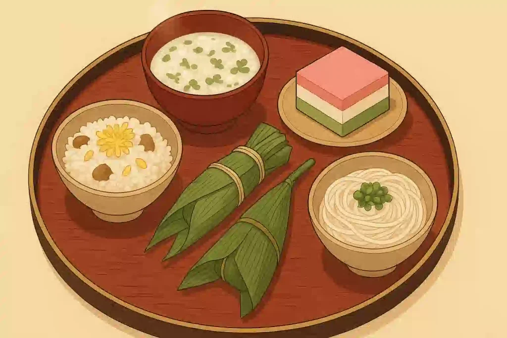 五節句の行事食である七草粥、菱餅、ちまき、そうめん、栗ご飯が美しい漆塗りの盆の上に並べられている俯瞰イラスト。