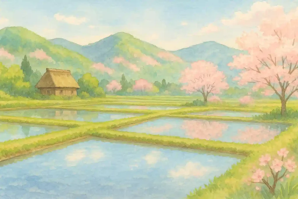 「春田」の苗字をイメージした、春の田園風景。水が張られたばかりの田んぼに、遠くの山々や空が映り込んでいる。
