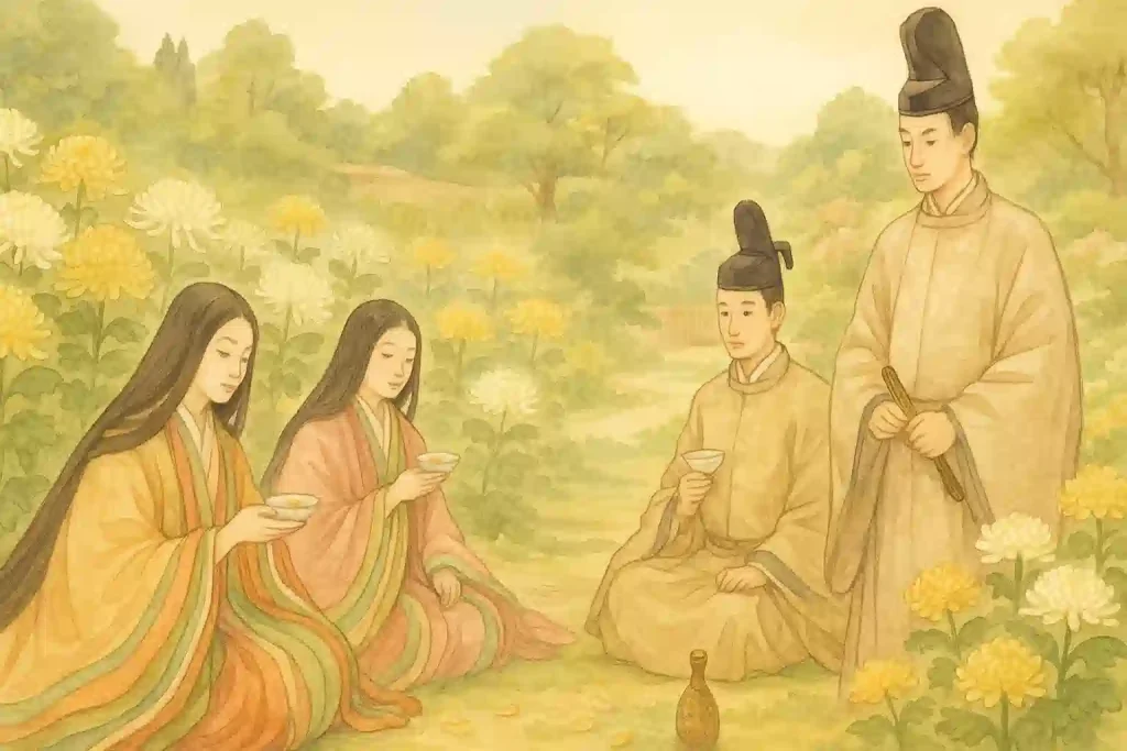 平安時代の「観菊の宴」の様子を描いたイラスト。雅な衣装をまとった貴族たちが、庭園で菊の花を鑑賞しながら菊酒を楽しんでいる。