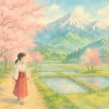 春の日本の風景。桜並木の道を歩く少女、背景には春の山と水が張られた田んぼが広がり、春を感じる苗字の世界観を表現している。