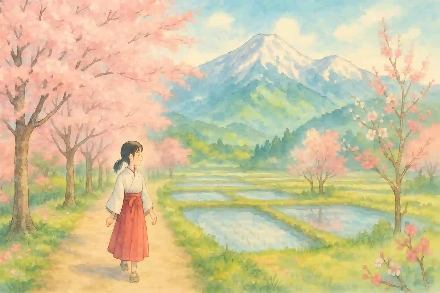 春の日本の風景。桜並木の道を歩く少女、背景には春の山と水が張られた田んぼが広がり、春を感じる苗字の世界観を表現している。