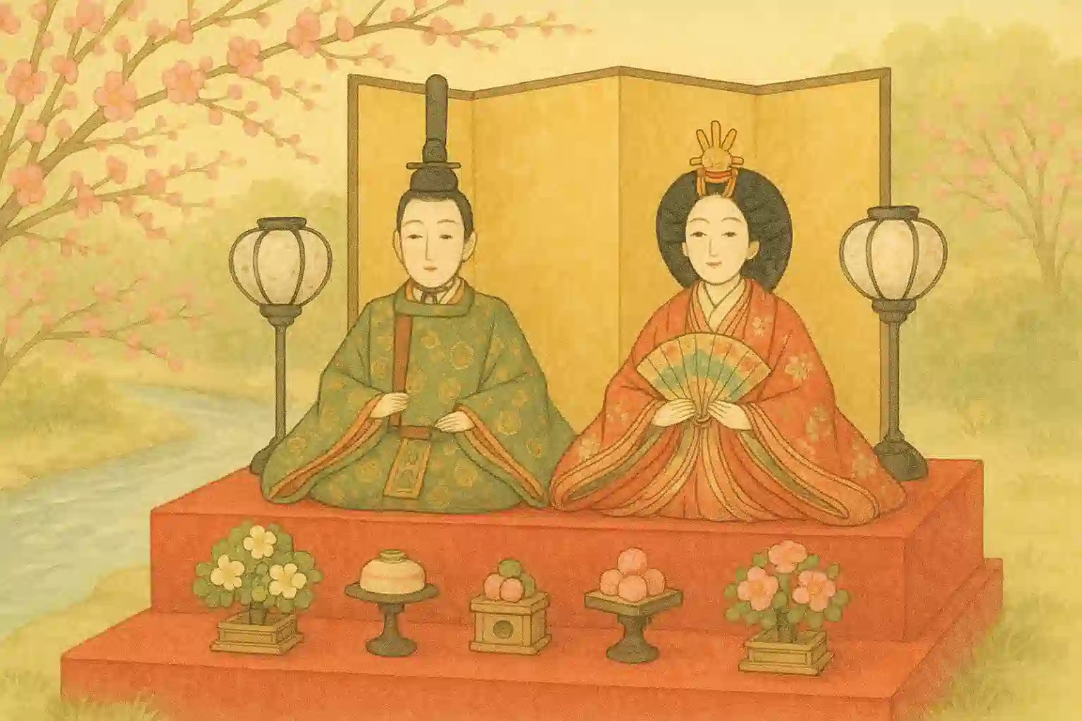 上巳の節句をテーマにした、ひな人形と桃の花、そして川の流れが描かれた美しいイラスト。