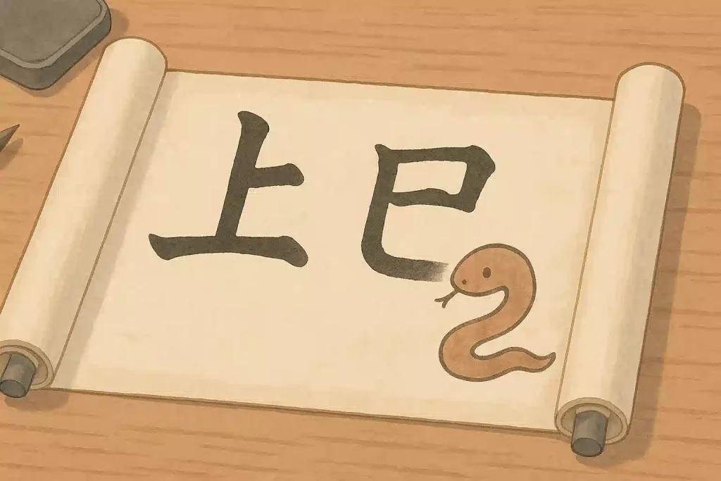 「上巳」と書かれた古い巻物と、巳の日を象徴する蛇のイラスト。上巳の節句の語源を表現している。