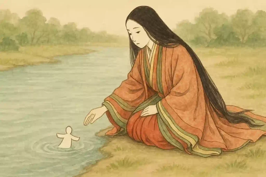 平安時代の女性が、厄払いのために紙の人形を川へ流す「流し雛」の様子を描いたイラスト。