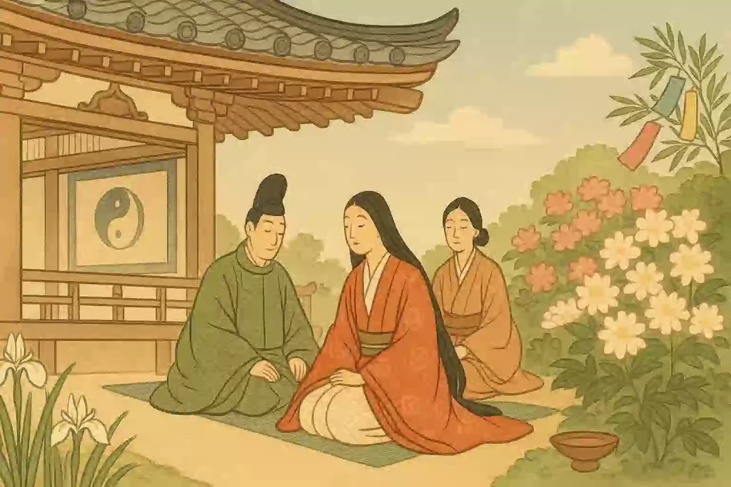 平安時代の宮中で、貴族たちが季節の節目を祝っている雅な様子。五節句の由来をイメージしたイラスト。