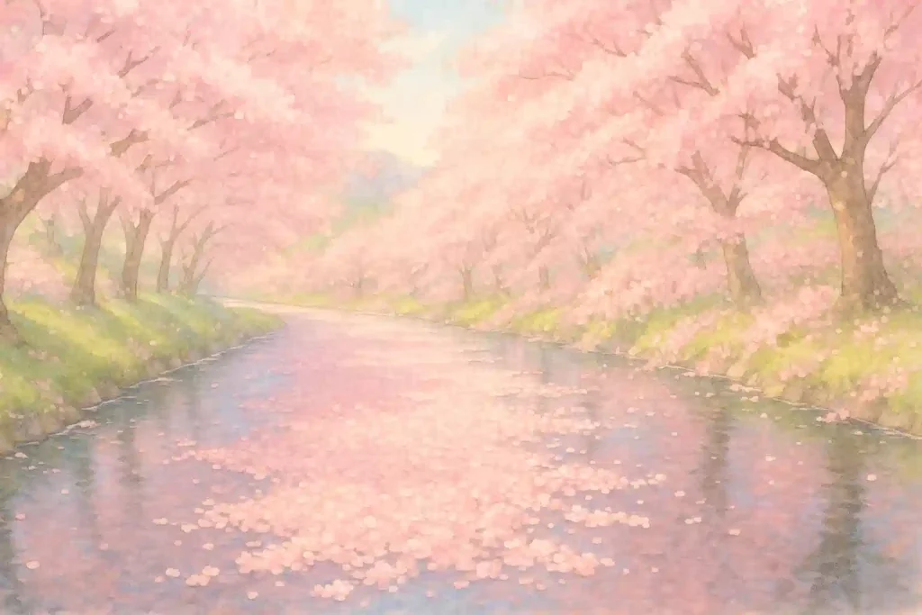 「桜川」の苗字をイメージした、桜の花びらで埋め尽くされた川（花筏）。両岸には満開の桜並木が続く幻想的な風景。